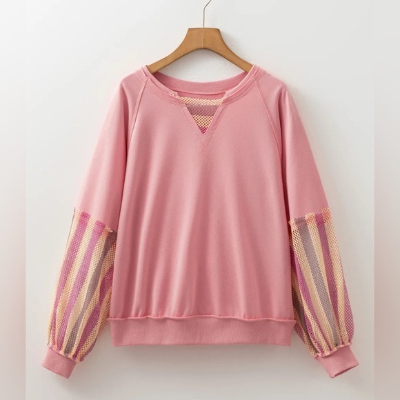 NWT Women’s Striped Mesh Sleeve Patchwork Exposed Seam Top Sweatshirt Medium - Picture 1 of 8